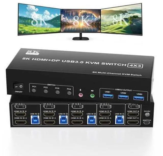 Main image of KVM Switch 3 Monitors 4 Computers 8K@60Hz 4K@144Hz, 2 HDMI+1 Displayport KVM Switch Triple Monitor for 4 Computer Share 3 Monitor and 3 USB3.0 Port Keyboard Mouse, Support Extended and Copy Mode
