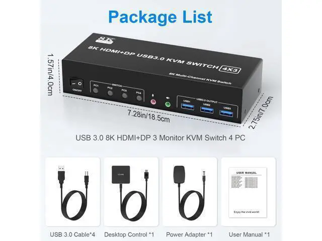 Alt view image 7 of 7 - KVM Switch 3 Monitors 4 Computers 8K@60Hz 4K@144Hz, 2 HDMI+1 Displayport KVM Switch Triple Monitor for 4 Computer Share 3 Monitor and 3 USB3.0 Port Keyboard Mouse, Support Extended and Copy Mode
