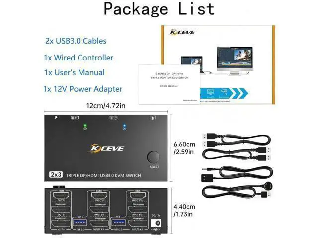 Alt view image 7 of 7 - 8K KVM Switch 3 Monitors 2 Computers 8K@60Hz 4K@144Hz,3 Monitors KVM Switch for 2 Computers Sharing Triple Monitors,Keyboard,Mouse,Printer with 2*USB3.0 Cables,Power Adapter and Controller