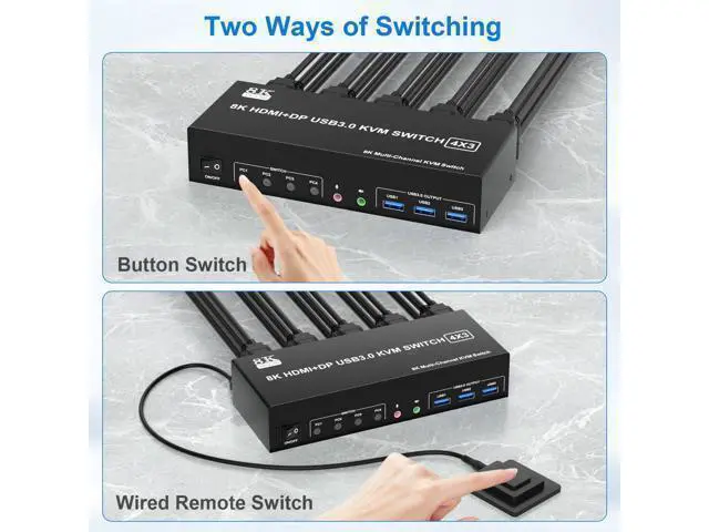 Alt view image 6 of 7 - KVM Switch 3 Monitors 4 Computers 8K@60Hz 4K@144Hz, 2 HDMI+1 Displayport KVM Switch Triple Monitor for 4 Computer Share 3 Monitor and 3 USB3.0 Port Keyboard Mouse, Support Extended and Copy Mode