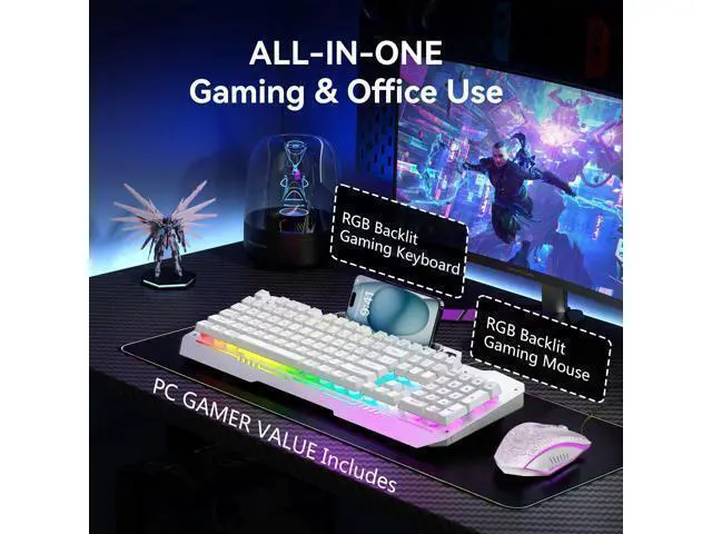 Alt view image 6 of 7 - Vszerda Gaming Keyboard, T102 104 Keys Keyboard and Mouse Combo, USB Wired Computer Keyboards Mechanical Feel Full Size, RGB Backlit for PC/Laptop Gaming or Working/Office (White)