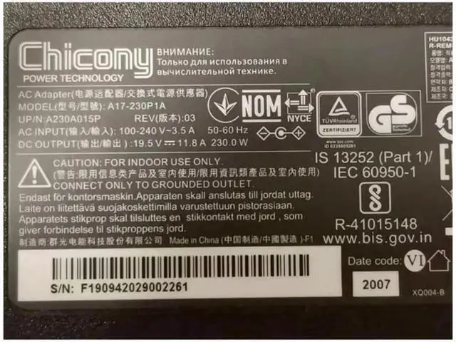 Alt view image 2 of 2 - Chicony A17-230P1A 19.5V 11.8A 230W A230A015P AC Adapter For Hasee MSI Laptop Power Supply Charger