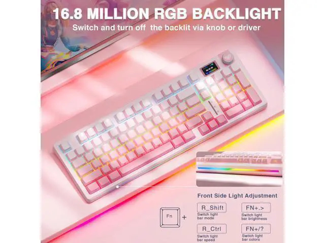 Alt view image 6 of 7 - Vszerda S98 Pro Wireless Mechanical Keyboard with Screen & Knob,2.4GHz/USB-C/BT5.0 Hot Swappable Pink Creamy Keyboard,Pre-lubed Linear Switches,Side Printed PBT Keycaps,RGB Backlit Gaming Keyboards