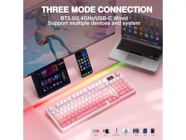 Alt view image 4 of 7 - Vszerda S98 Pro Wireless Mechanical Keyboard with Screen & Knob,2.4GHz/USB-C/BT5.0 Hot Swappable Pink Creamy Keyboard,Pre-lubed Linear Switches,Side Printed PBT Keycaps,RGB Backlit Gaming Keyboards