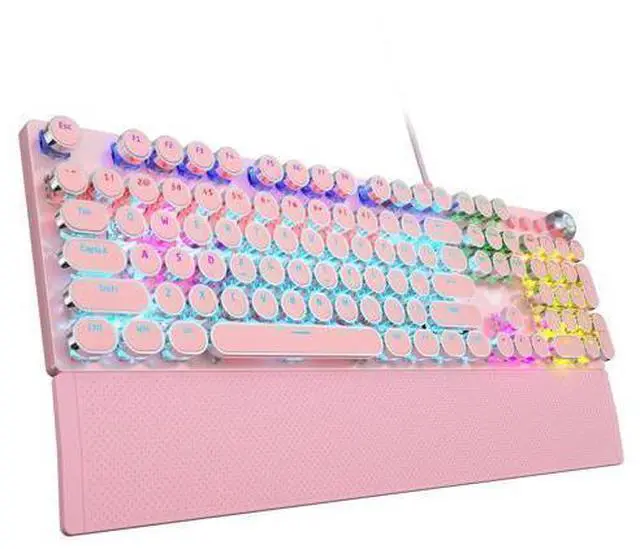 Main image of Vszerda F2088 Typewriter Mechanical Keyboard, Pink Retro Wired Gaming Keyboard with Blue Switches, Rainbow Backlit, Round Keycaps, Media Knob & Removable Wrist Rest