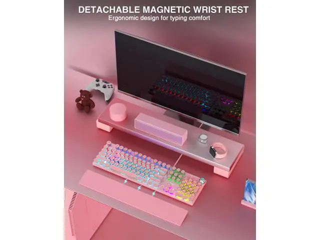 Alt view image 2 of 7 - Vszerda F2088 Typewriter Mechanical Keyboard, Pink Retro Wired Gaming Keyboard with Blue Switches, Rainbow Backlit, Round Keycaps, Media Knob & Removable Wrist Rest