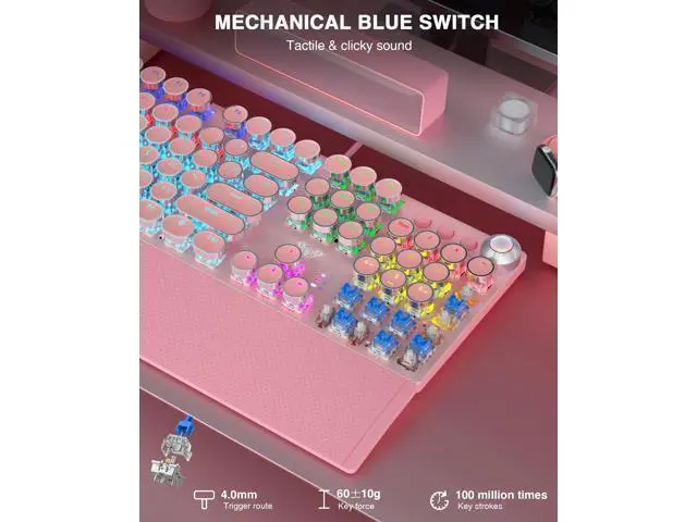 Alt view image 3 of 7 - Vszerda F2088 Typewriter Mechanical Keyboard, Pink Retro Wired Gaming Keyboard with Blue Switches, Rainbow Backlit, Round Keycaps, Media Knob & Removable Wrist Rest