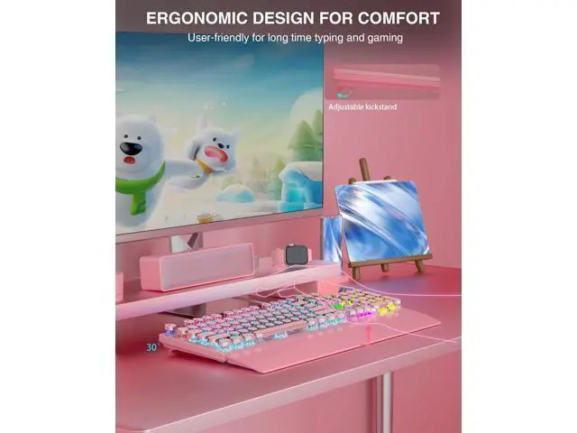 Alt view image 7 of 7 - Vszerda F2088 Typewriter Mechanical Keyboard, Pink Retro Wired Gaming Keyboard with Blue Switches, Rainbow Backlit, Round Keycaps, Media Knob & Removable Wrist Rest