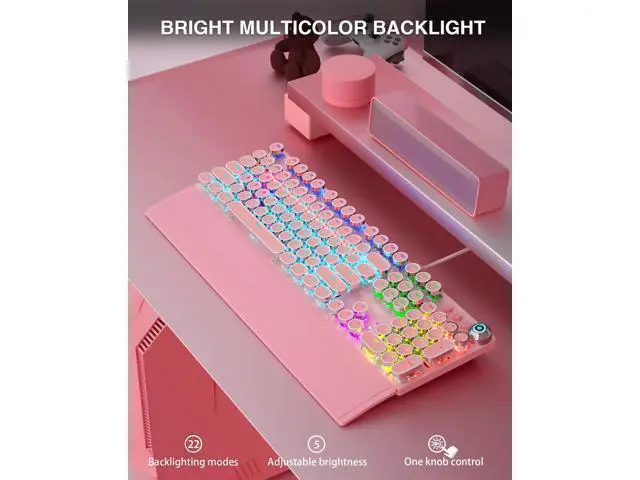 Alt view image 4 of 7 - Vszerda F2088 Typewriter Mechanical Keyboard, Pink Retro Wired Gaming Keyboard with Blue Switches, Rainbow Backlit, Round Keycaps, Media Knob & Removable Wrist Rest