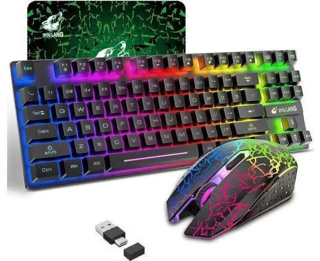 Main image of Wireless Gaming Keyboard and Mouse Combo with 87 Key Rainbow LED Backlight Rechargeable 3800mAh Battery Mechanical Feel Anti-ghosting Ergonomic Waterproof RGB Mute Mice for Computer PC Gamer (Black)