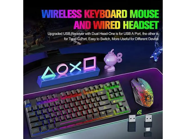 Alt view image 3 of 7 - Wireless Gaming Keyboard and Mouse Combo with 87 Key Rainbow LED Backlight Rechargeable 3800mAh Battery Mechanical Feel Anti-ghosting Ergonomic Waterproof RGB Mute Mice for Computer PC Gamer (Black)