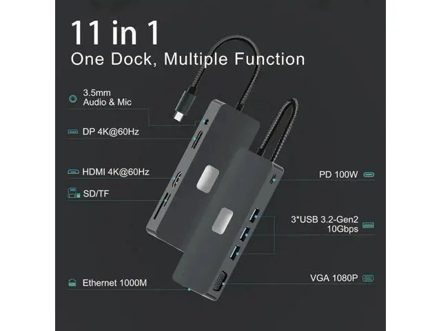 Alt view image 2 of 7 - Type C Docking Station for Laptops, 11 in 1 USB C Docking Station 3 Monitors to 4K HDMI, VGA, DP, USB C Hub Multiport Adapter to 3 * 10Gbps USB 3.2, 1000M Ethernet, PD 100W, SD/TF for Laptops