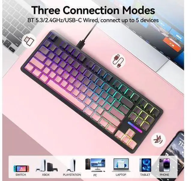 Alt view image 4 of 7 - Vszerda Wireless Mechanical Gaming Keyboard: 10000mAh Battery Tri-Mode 2.4G/BT5.3/USB-C Hot Swappable Custom Keyboard with RGB Backlit, Side Printed PBT Keycaps, 15-Layer Gasket Structure, Black Pink