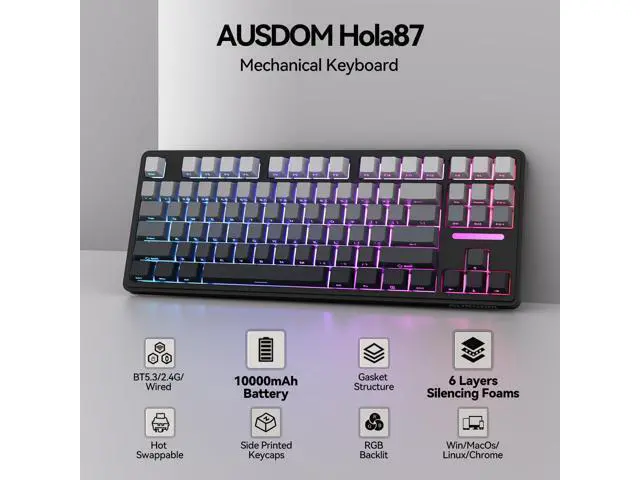 Alt view image 2 of 7 - Vszerda H87 Wireless Mechanical Keyboard, 10000mAh Battery Gasket Hot Swappable Custom Keyboard with RGB Backlit, Side Printed PBT Keycaps, Tri-Mode BT5.3/2.4GHz/USB-C Gaming Keyboards, Black Grey