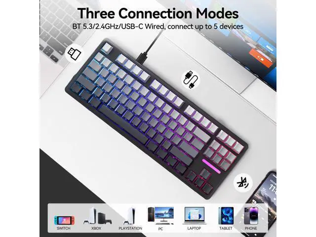 Alt view image 6 of 7 - Vszerda H87 Wireless Mechanical Keyboard, 10000mAh Battery Gasket Hot Swappable Custom Keyboard with RGB Backlit, Side Printed PBT Keycaps, Tri-Mode BT5.3/2.4GHz/USB-C Gaming Keyboards, Black Grey