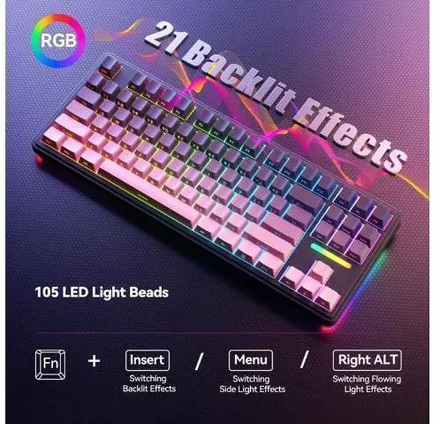 Alt view image 6 of 7 - Vszerda Wireless Mechanical Gaming Keyboard: 10000mAh Battery Tri-Mode 2.4G/BT5.3/USB-C Hot Swappable Custom Keyboard with RGB Backlit, Side Printed PBT Keycaps, 15-Layer Gasket Structure, Black Pink