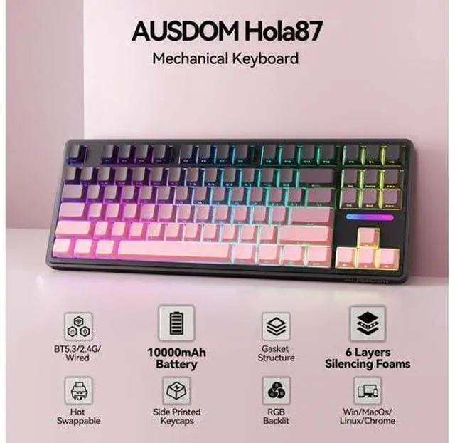 Alt view image 7 of 7 - Vszerda Wireless Mechanical Gaming Keyboard: 10000mAh Battery Tri-Mode 2.4G/BT5.3/USB-C Hot Swappable Custom Keyboard with RGB Backlit, Side Printed PBT Keycaps, 15-Layer Gasket Structure, Black Pink