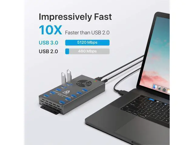 Alt view image 2 of 7 - - 10 Port USB 3.0 Hub - USB Hub Charger - Powered USB Hub - USB Charging Splitter - Multiple USB Port Hub - Charging Hub with 5V 10A 120W Power Adapter, Cooling Fan, LEDs, Mounting Brackets