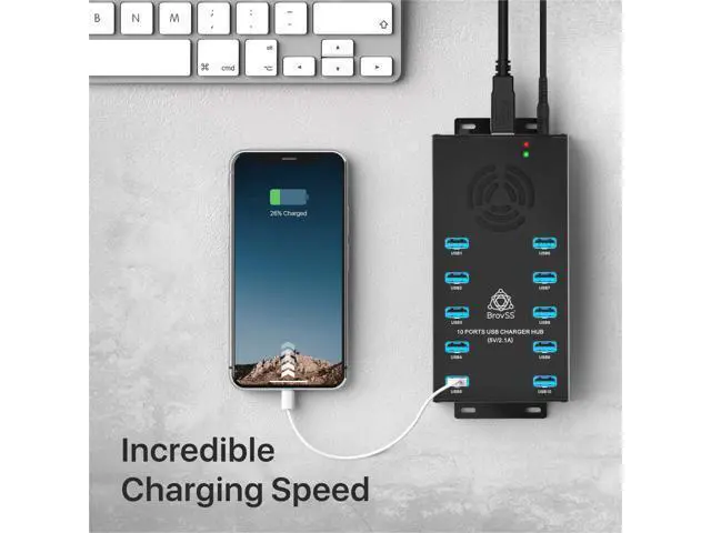 Alt view image 3 of 7 - - 10 Port USB 3.0 Hub - USB Hub Charger - Powered USB Hub - USB Charging Splitter - Multiple USB Port Hub - Charging Hub with 5V 10A 120W Power Adapter, Cooling Fan, LEDs, Mounting Brackets