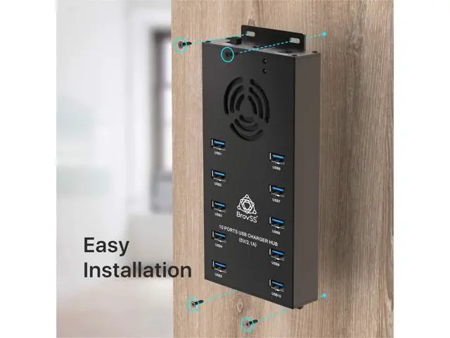 Alt view image 4 of 7 - - 10 Port USB 3.0 Hub - USB Hub Charger - Powered USB Hub - USB Charging Splitter - Multiple USB Port Hub - Charging Hub with 5V 10A 120W Power Adapter, Cooling Fan, LEDs, Mounting Brackets