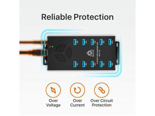 Alt view image 5 of 7 - - 10 Port USB 3.0 Hub - USB Hub Charger - Powered USB Hub - USB Charging Splitter - Multiple USB Port Hub - Charging Hub with 5V 10A 120W Power Adapter, Cooling Fan, LEDs, Mounting Brackets