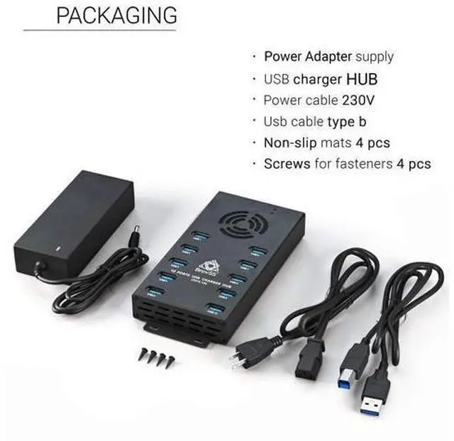 Alt view image 7 of 7 - - 10 Port USB 3.0 Hub - USB Hub Charger - Powered USB Hub - USB Charging Splitter - Multiple USB Port Hub - Charging Hub with 5V 10A 120W Power Adapter, Cooling Fan, LEDs, Mounting Brackets
