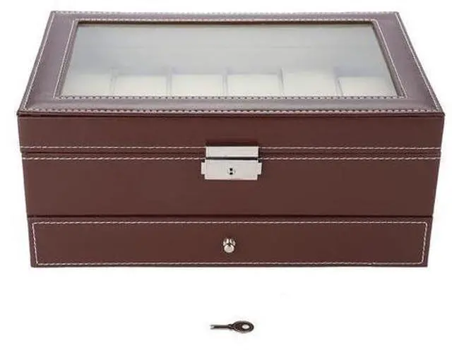 Main image of Double Layers 12 Slots PU Leather Watch Storage Case, Jewelry Display Box Organizer with Built - In Mirror, Brown Watch and Jewelry Holder for Home or Retail Use