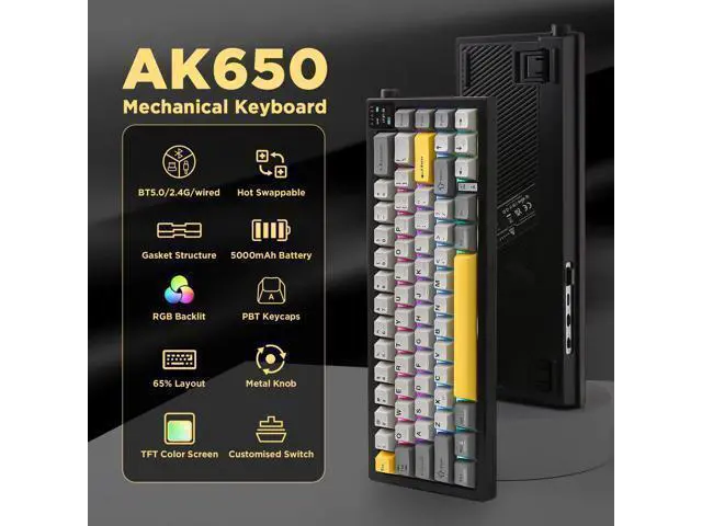Alt view image 2 of 7 - Vszerda AJAZZ AK650 Wireless Mechanical Keyboard with Smart Display & Knob, BT/2.4G/USB-C, Hot Swappable 65% Mechanical Keyboard with PBT Keycaps, RGB Light for Win & Mac(Black,Flying Fish Switch)