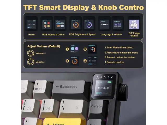 Alt view image 7 of 7 - Vszerda AJAZZ AK650 Wireless Mechanical Keyboard with Smart Display & Knob, BT/2.4G/USB-C, Hot Swappable 65% Mechanical Keyboard with PBT Keycaps, RGB Light for Win & Mac(Black,Flying Fish Switch)