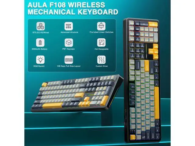 Alt view image 2 of 7 - Vszerda F108 Wireless Mechanical Keyboard, BT5.0/USB-C/2.4GHz Hot Swappable Custom Gaming Keyboards, PBT Keycaps, Pre-lubed Switches, RGB Backlit Full Size Creamy Keyboard with Number Pad, 108 Keys