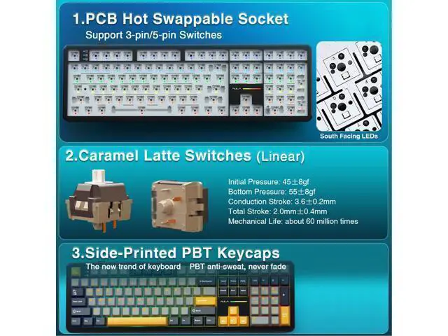 Alt view image 5 of 7 - Vszerda F108 Wireless Mechanical Keyboard, BT5.0/USB-C/2.4GHz Hot Swappable Custom Gaming Keyboards, PBT Keycaps, Pre-lubed Switches, RGB Backlit Full Size Creamy Keyboard with Number Pad, 108 Keys