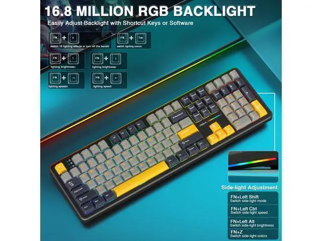 Alt view image 4 of 7 - Vszerda F108 Wireless Mechanical Keyboard, BT5.0/USB-C/2.4GHz Hot Swappable Custom Gaming Keyboards, PBT Keycaps, Pre-lubed Switches, RGB Backlit Full Size Creamy Keyboard with Number Pad, 108 Keys