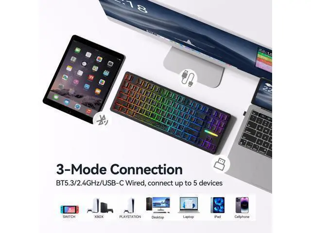 Alt view image 3 of 7 - Vszerda Wireless Mechanical Gaming Keyboard: 10000mAh Battery Tri-Mode 2.4G/BT5.3/USB-C Hot Swappable Custom Keyboard with RGB Backlit, Side Printed PBT Keycaps, 15-Layer Gasket Structure, Topographic