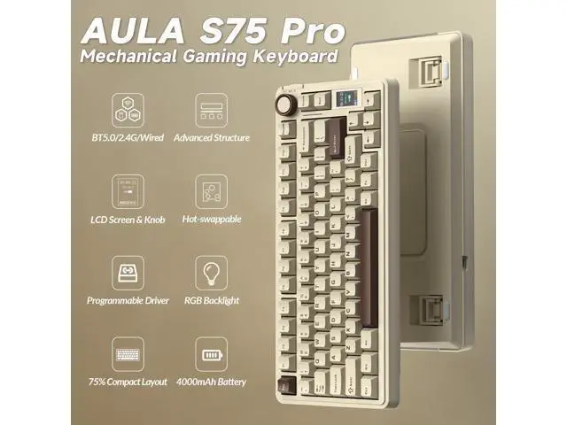 Alt view image 2 of 7 - Vszerda S75 PRO Wireless Mechanical Keyboard with Screen&Knob, 75% Hot Swappable Gaming Keyboard with Pre-lubed Switches, RGB Backlit, PBT Keycaps, Creamy Sounding Computer Keyboards