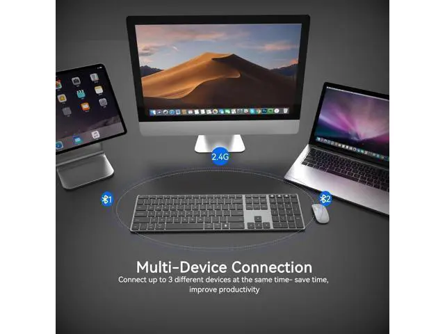 Alt view image 2 of 7 - Vszerda 2.4G Wireless Bluetooth Keyboard Full Size, Quiet Slim Multi-Device Rechargeable Cordless QWERTY Keyboard with Number Pad, Low Profile Silent Flat Universal Keyboards for Computer/Mac/Windows