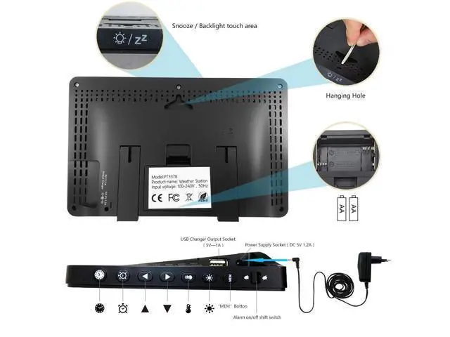 Alt view image 4 of 6 - Weather thermometer and hygrometer 3378 color screen weather clock bedside clock main unit + outdoor unit