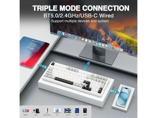 Alt view image 4 of 7 - Vszerda Wireless Keyboard and Mouse Combo, F99 Mechanical Keyboards Hot Swappable Custom Keyboard+SC580 Wireless Gaming Mouse Black
