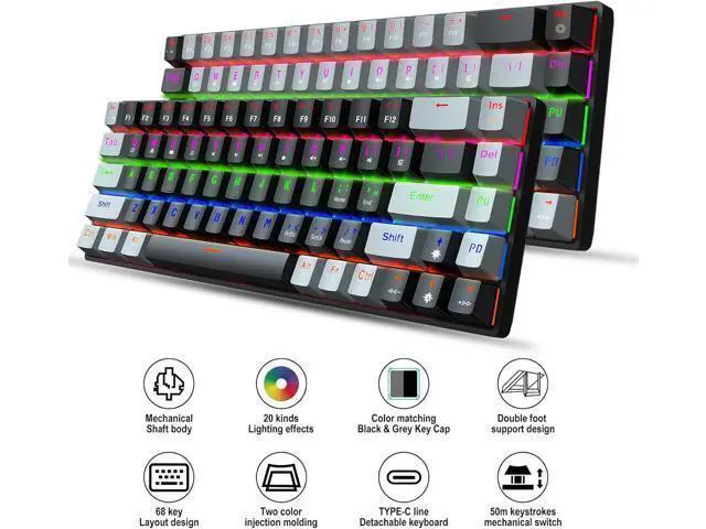 Alt view image 3 of 7 - Gaming Mechanical Keyboard Luminous Blue Switch Backlit Type-C 68-Key Keypad for Computer Keyboards 60% New 68-Key Luminous Keyboard Electronic, Black