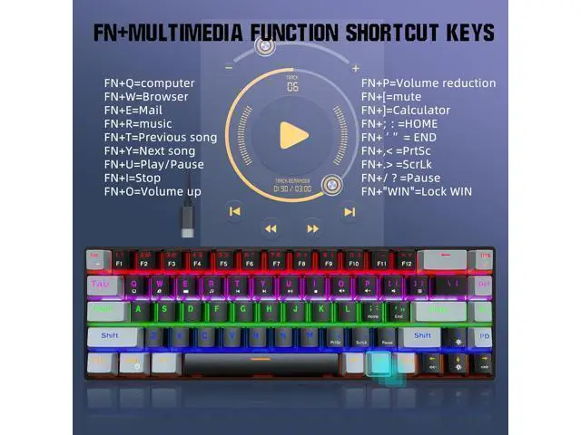 Alt view image 7 of 7 - Gaming Mechanical Keyboard Luminous Blue Switch Backlit Type-C 68-Key Keypad for Computer Keyboards 60% New 68-Key Luminous Keyboard Electronic, Black