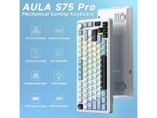 Alt view image 2 of 7 - Vszerda S75 PRO Wireless Mechanical Keyboard with Screen&Knob, 75% Hot Swappable Gaming Keyboard with Pre-lubed Switches, RGB Backlit, PBT Keycaps Creamy Sounding Pc Gaming Keyboards