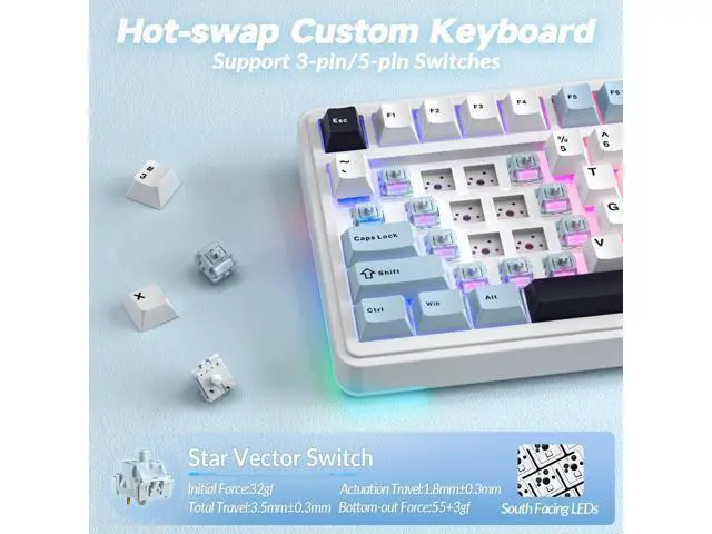 Alt view image 5 of 7 - Vszerda S75 PRO Wireless Mechanical Keyboard with Screen&Knob, 75% Hot Swappable Gaming Keyboard with Pre-lubed Switches, RGB Backlit, PBT Keycaps Creamy Sounding Pc Gaming Keyboards
