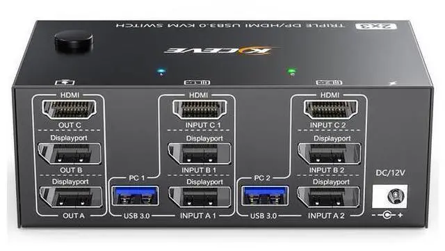 Main image of Triple Monitor KVM Switch 3 Monitors 2 Computers 8K@60Hz 4K@144Hz, HDMI+2 Displayport KVM Switch Triple Monitor for 2 Computers Share 3 Monitors and 4 USB3.0 Device,with Wired Remote,USB Cable