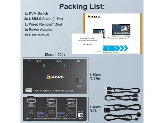 Alt view image 7 of 7 - Triple Monitor KVM Switch 3 Monitors 2 Computers 8K@60Hz 4K@144Hz, HDMI+2 Displayport KVM Switch Triple Monitor for 2 Computers Share 3 Monitors and 4 USB3.0 Device,with Wired Remote,USB Cable