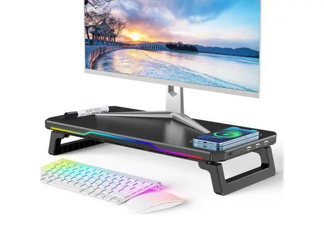 Alt view image 2 of 7 - Wireless charging RGB computer stand HUB with two height settings for display elevation, height-increasing stand for ergonomically designed laptops, no assembly required.