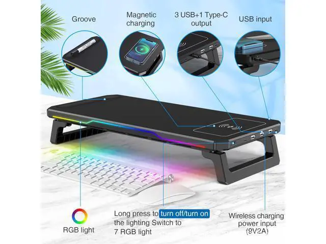 Alt view image 3 of 7 - Wireless charging RGB computer stand HUB with two height settings for display elevation, height-increasing stand for ergonomically designed laptops, no assembly required.
