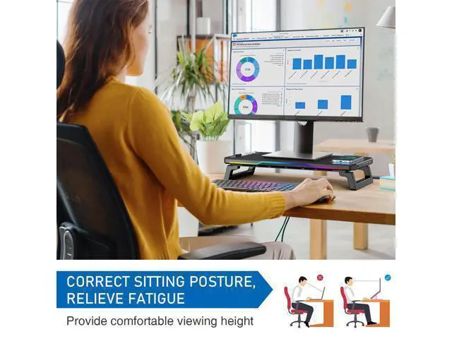 Alt view image 5 of 7 - Wireless charging RGB computer stand HUB with two height settings for display elevation, height-increasing stand for ergonomically designed laptops, no assembly required.
