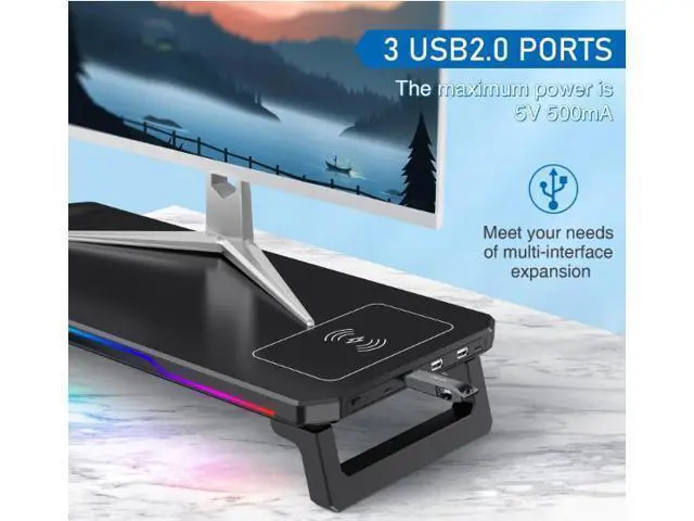 Alt view image 6 of 7 - Wireless charging RGB computer stand HUB with two height settings for display elevation, height-increasing stand for ergonomically designed laptops, no assembly required.