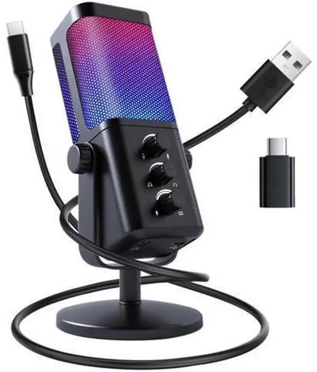 Main image of USB Microphone for PC, RGB Gaming Microphone with Mute Button, Gain Control, Monitoring Headphone 3.5mm Jack, PC Mic for Gaming, Streaming, Podcast, VoiceOver, Recording
