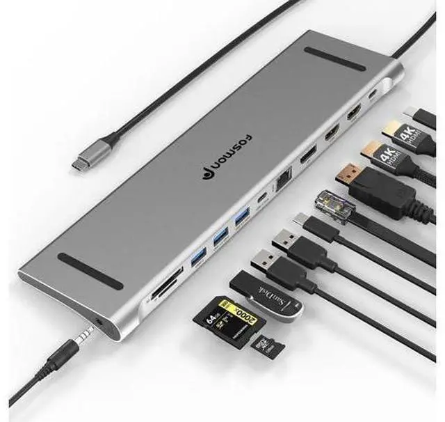 Main image of Fosmon USB C Hub (11-in-1) Desktop USB Hub with 2x HDMI (4k@60Hz), DisplayPort (4K@60Hz), x2 USB-C (USB 3.0) x2 USB 3.0, USB 2.0, TF 2.0, RJ45 Ethernet Port compatible with MacBook, Lenovo, HP Laptops