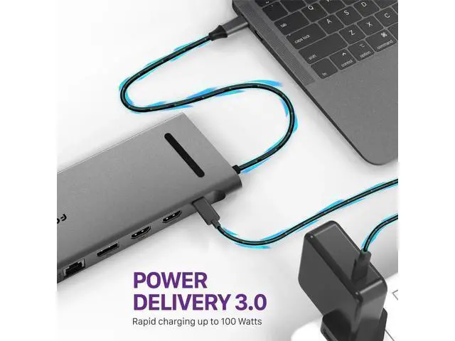 Alt view image 4 of 7 - Fosmon USB C Hub (11-in-1) Desktop USB Hub with 2x HDMI (4k@60Hz), DisplayPort (4K@60Hz), x2 USB-C (USB 3.0) x2 USB 3.0, USB 2.0, TF 2.0, RJ45 Ethernet Port compatible with MacBook, Lenovo, HP Laptops